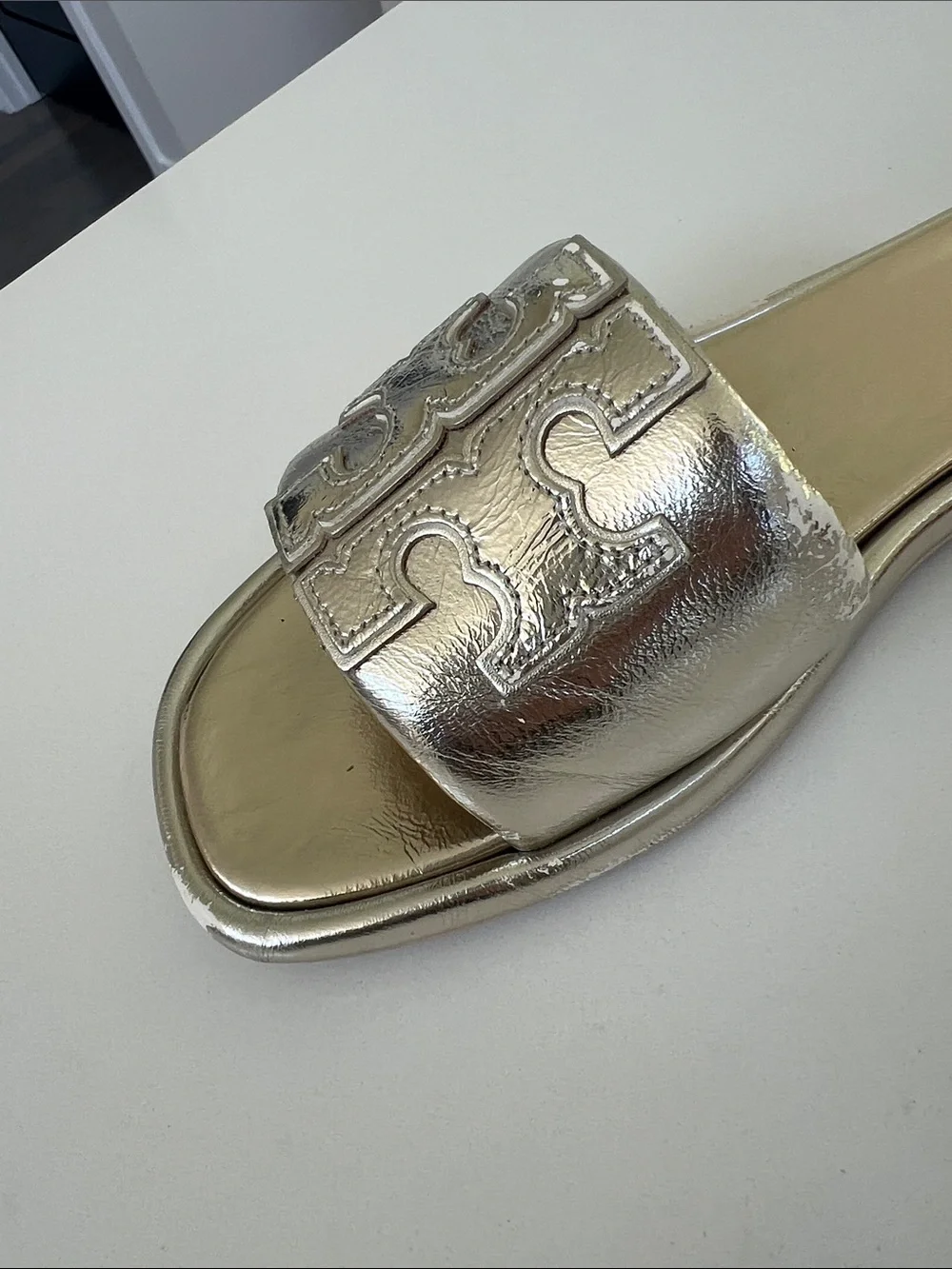 Tory Burch spark gold metallic open toe double T sport slide leather sandals 8